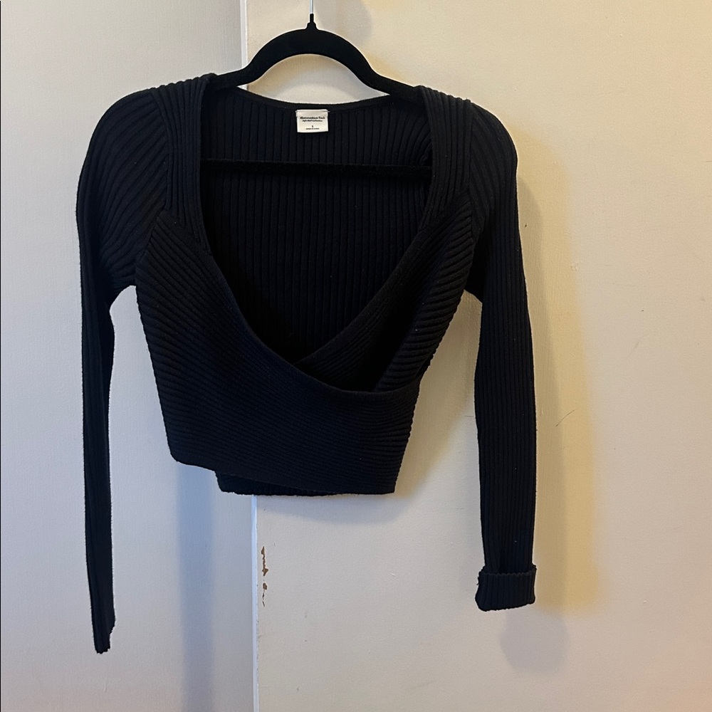 Black Ribbed Knit Wrap Sweater